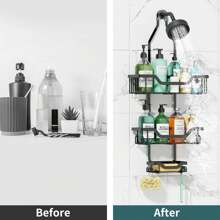 CASEGRACE 1pc Shower Caddy Over Shower Head, Large Hanging Shower Caddy With 12 Hooks For Razor Sponge, Over The Shower Head Storage Rack With Soap Basket, Hanging Shower Organizer For Bathroom