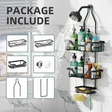 CASEGRACE 1pc Shower Caddy Over Shower Head, Large Hanging Shower Caddy With 12 Hooks For Razor Sponge, Over The Shower Head Storage Rack With Soap Basket, Hanging Shower Organizer For Bathroom
