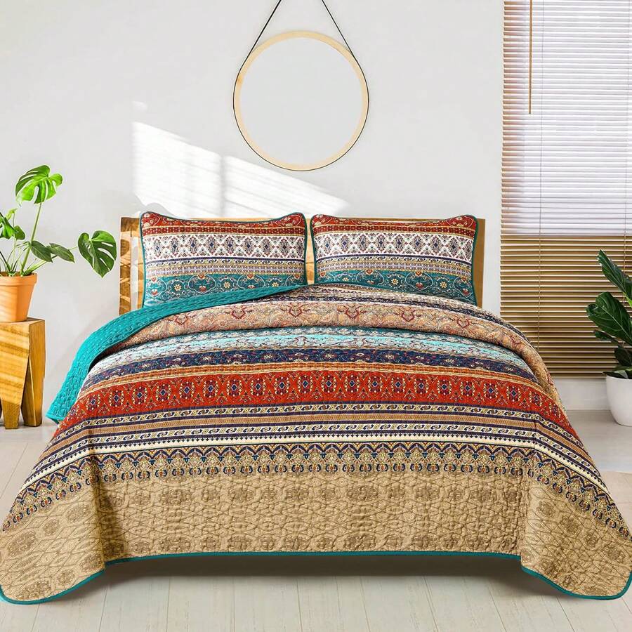 3 Pieces Brown Green Striped Quilt Set Queen King California King Boho Bedspread Coverlet Set ,Boho Blanket,Soft Lightweight Microfiber Floral Pattern Bedding For Wedding Items,Valentines Day Home Bed Room Decor,Mothers Day Gift,All Season - 棕綠色 - 查看 1