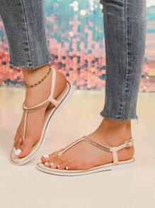 女士平底凉鞋，夏季人字形水钻装饰罗马风格凉鞋，时尚百搭，完美搭配裙子和沙滩装 - 黃色 - 查看 5