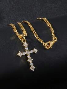 1pc Gold Color European And American Style Simple Neutral Cross Pendant Necklace For Men With Rhinestone Cubic Zirconia European And American Hip-Hop Style High-End Men's Cross Necklace Tag