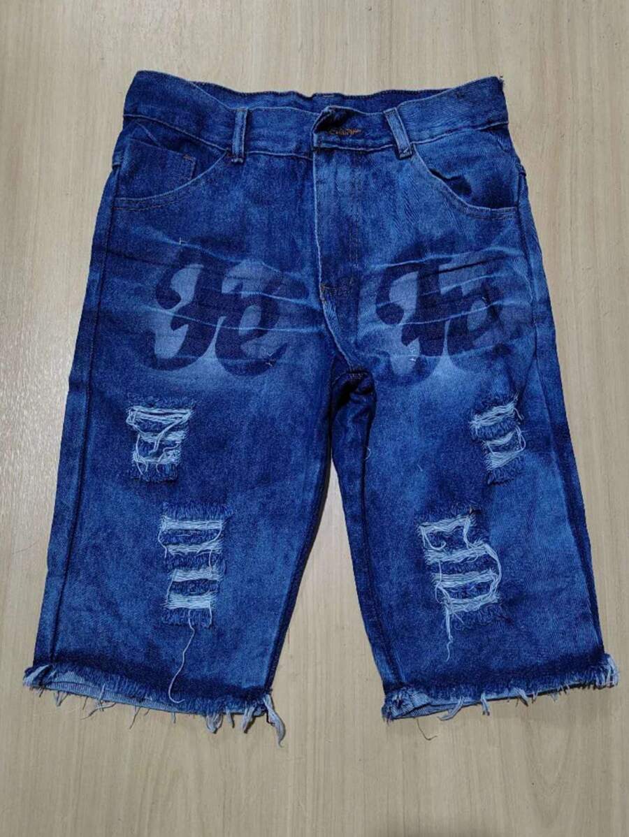 Men Denim Shorts - 中等水洗藍 - 查看 1