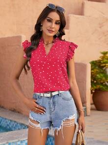 BLUSA PARA DAMA,TOP CUELLO V, TOP ESTAMPADO CORAZONES DE AMOR, TOP CON MANGAS VOLADORAS - Rojo y blanco - Ver 7