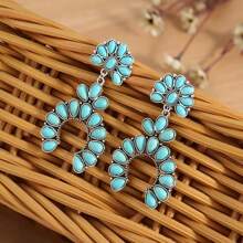 1 paire de Nouvelles boucles d'oreilles rétro en style occidental, boucles d'oreilles géométriques statement en turquoise pour femmes