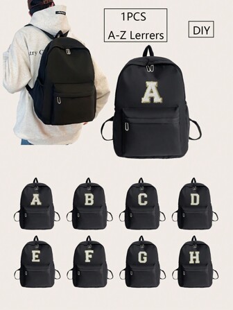 A New Simple And Stylish Solid Color Lightweight Large Capacity Backpack With Letter Print, Suitable For The Back-To-School Season, A-Z White Letter Cloth Patch Can Be Diyed At Will, With A Variety Of Fun, With Side Pocket Zipper Closure, Suitable For Teenagers, School, Daily Outings, Shopping, Travel And Vacation