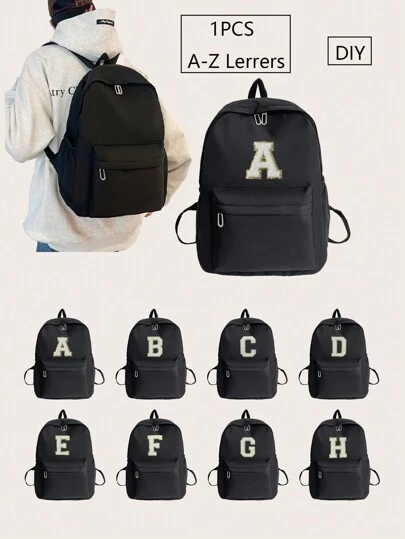 新款简约时尚纯色轻便大容量字母印花背包，适合返校季，A-Z白色字母布贴可随意DIY，趣味十足，带侧袋拉链开合，适合青少年上学、日常外出、购物、旅行和度假
