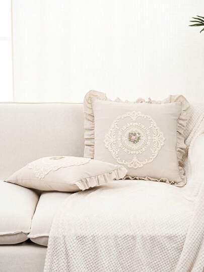 1pc Washed  Lace Ruffle Decor Pillow Case/Cover, Vintage French Lace Trim Decorative Throw Pillow Sham For Living Room Sofa (Without Pillow Inner)