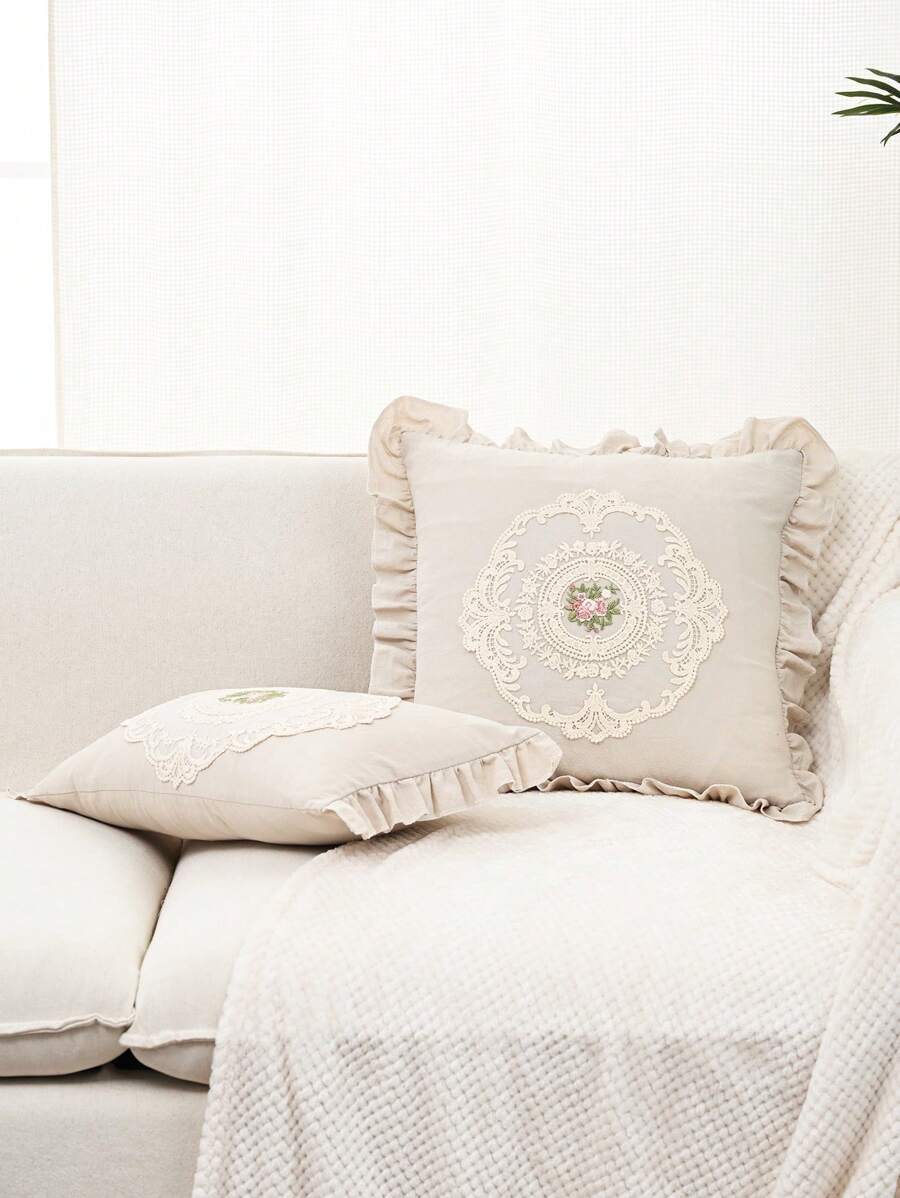 1 件水洗蕾丝荷叶边装饰枕套/枕套，复古法式蕾丝边装饰抱枕套，适用于客厅沙发（不含枕芯） - 米色 - 查看 1