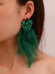 NAIZHU 1 Pair Stylish Luxury Sexy Exaggerated Feather & Rhinestone Earrings, Fashion Party Accessories, Random Feather Design