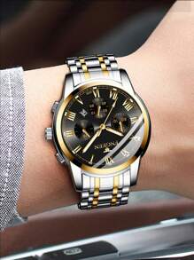 FNGEEN 1pc Men Watch Stainless Steel Luxury Button Hidden Clasp Waterproof Luminous Date Sports Watch