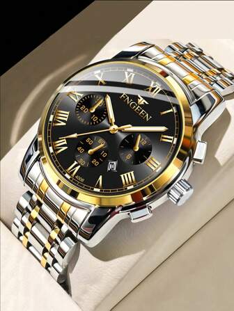 FNGEEN 1入組男士手錶，不鏽鋼豪華按鈕隱藏扣防水夜光日期運動手錶