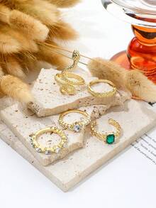 5pcs Vintage Snake Ring Set With Simulated Green Gems And Rhinestones, Versatile Twisted Ring Set For Women - Gold - View 2