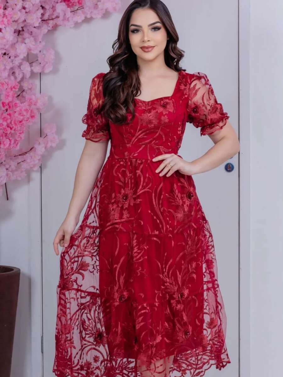 Women Midi Dresses - 酒紅色 - 查看 1