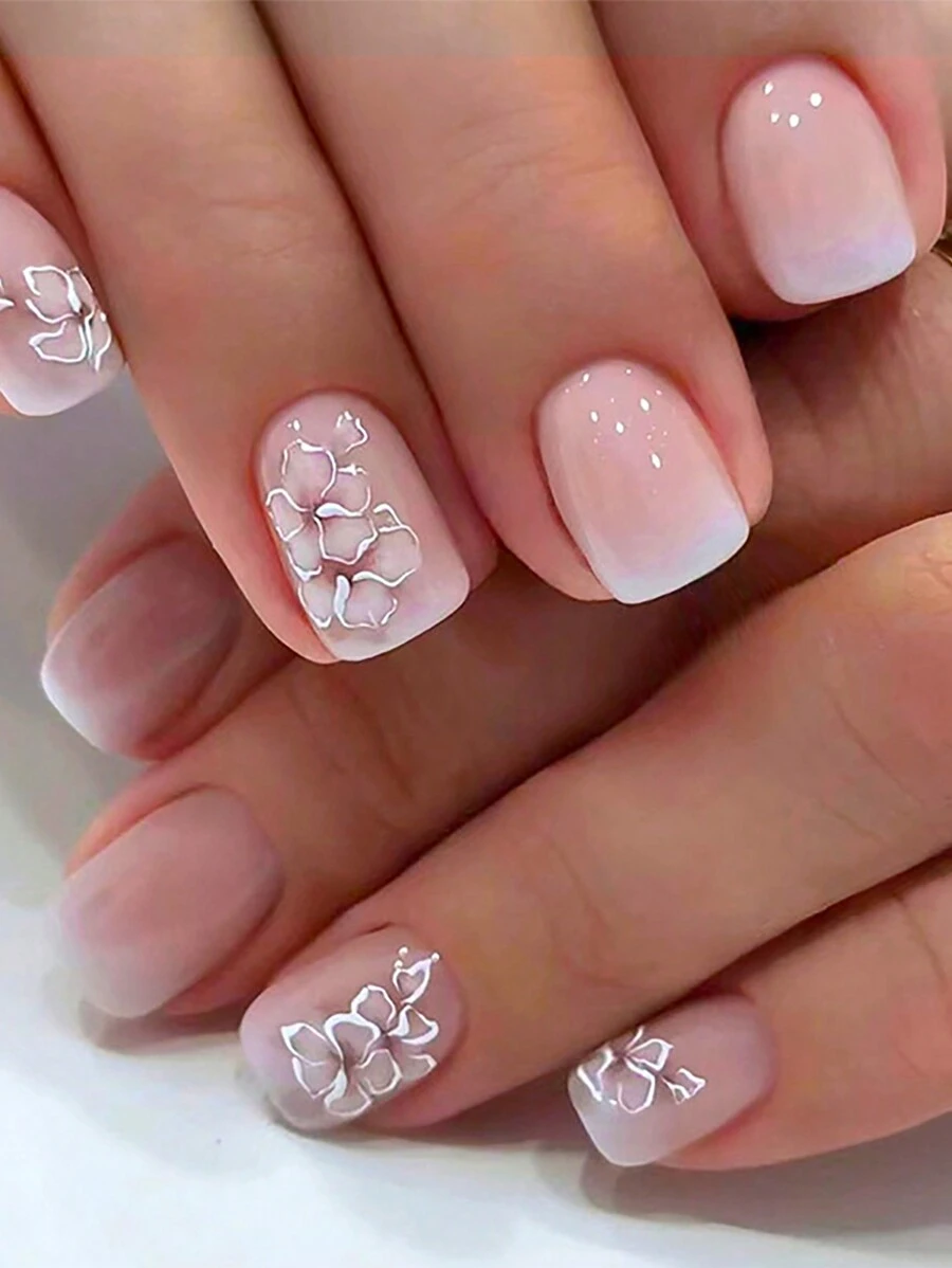 24 片装柔软女士短方形简约风格印花指甲贴，含 1 个指甲锉和 1 个果冻按压式指甲配件，适用于美甲按压指甲美甲用品