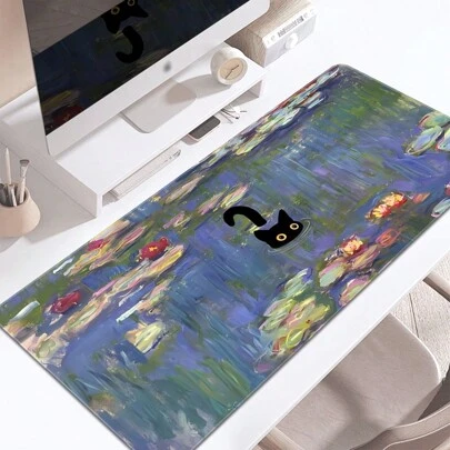1 pieza Alfombrilla de ratón con pintura al óleo de gato negro en agua, alfombrilla de escritorio grande para juegos, alfombrilla de goma antideslizante para oficina, accesorio de escritorio, alfombrilla para teclado, adecuada para la escuela, la oficina, el hogar, un gran regalo para amigos y familiares