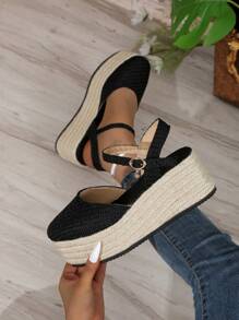 Sapatos de Salto Alto Femininos, Bico Redondo, Plataforma Vazada, À Prova d'Água, Sapatos Casuais para Uso Externo, Sola de Corda, Salto Alto 35-43, Sandálias de Cunha de Bottom Grosso com Tira Única para Primavera/Outono