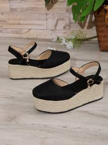 Sapatos de Salto Alto Femininos, Bico Redondo, Plataforma Vazada, À Prova d'Água, Sapatos Casuais para Uso Externo, Sola de Corda, Salto Alto 35-43, Sandálias de Cunha de Bottom Grosso com Tira Única para Primavera/Outono