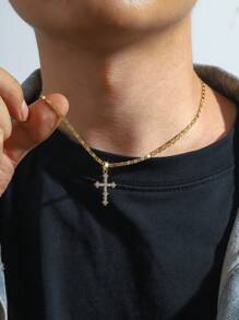 1pc Gold Color European And American Style Simple Neutral Cross Pendant Necklace For Men With Rhinestone Cubic Zirconia European And American Hip-Hop Style High-End Men's Cross Necklace Tag