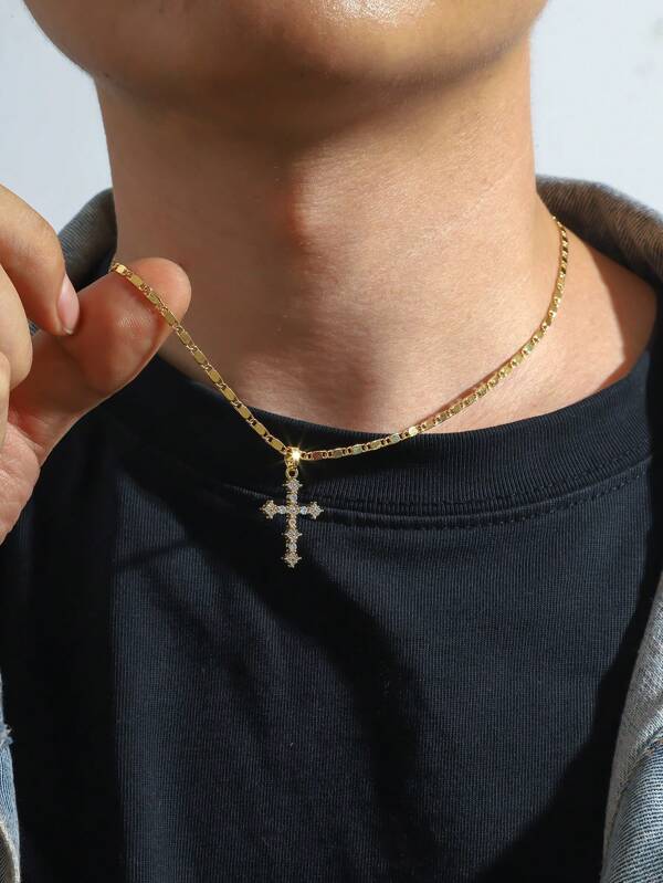 1pc Gold Color European And American Style Simple Neutral Cross Pendant Necklace For Men With Rhinestone Cubic Zirconia European And American Hip-Hop Style High-End Men's Cross Necklace Tag