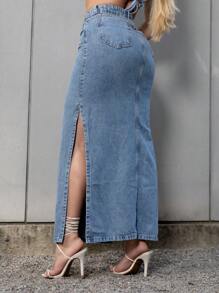 Women Denim Skirts - 中等水洗藍 - 查看 8