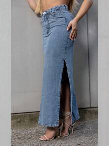 Women Denim Skirts - 中等水洗藍 - 查看 1