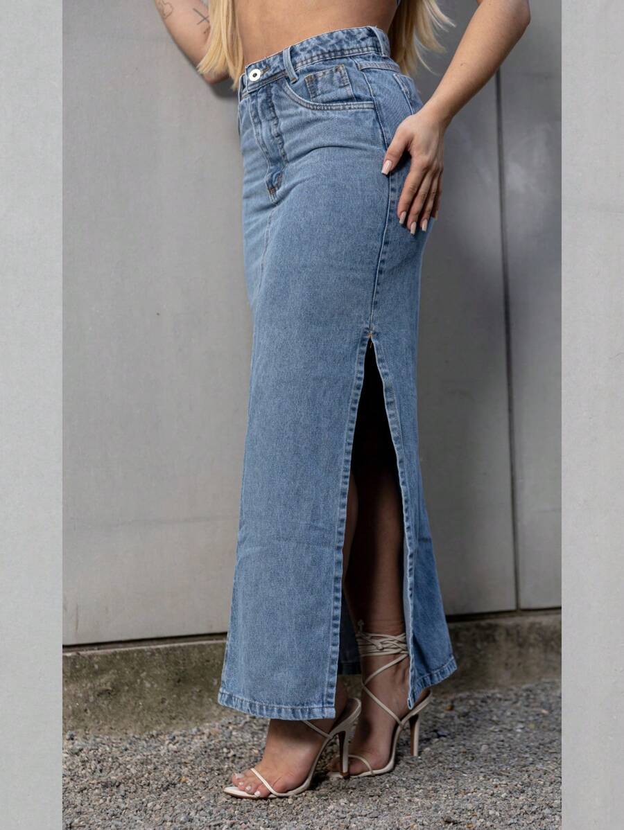 Women Denim Skirts - 中等水洗藍 - 查看 1