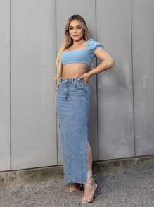 Women Denim Skirts - 中等水洗藍 - 查看 5