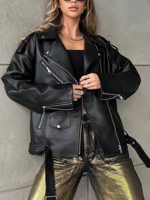 Women's Faux Leather Jacket, Lapel Collar, Zipper Closure, Long Sleeve Motorcycle Short Coat - Black - View 4