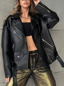 Women's Faux Leather Jacket, Lapel Collar, Zipper Closure, Long Sleeve Motorcycle Short Coat - Black - View 3