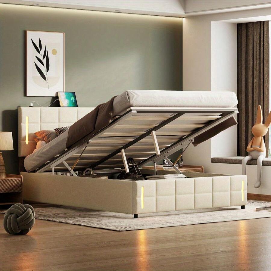 Queen Size Upholstered Bed With Hydraulic Storage System And LED Light, Beige - Màu be + vải lanh - Xem 1