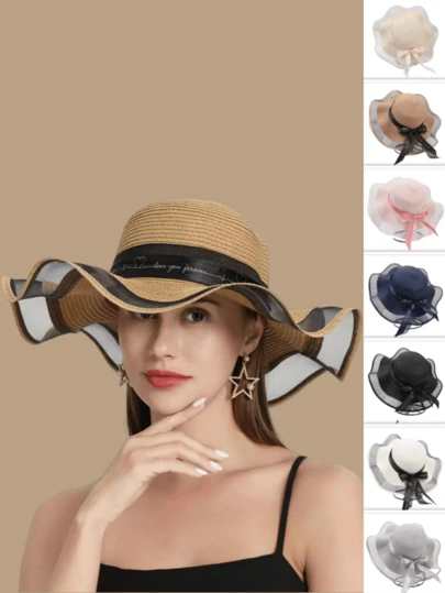 Boho 1pc Women Bowknot & Ribbon Design Sun Protection Breathable Fashionable Wide Brim Straw Beach Hat Suitable For Outdoor Activities
