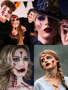 12 Sheets Halloween Fake Scars Tattoos Fake Blood Fake Stitches Vampire Makeup Kit Fake Cut Scary Face Zombie Makeup Sticker Set Suitable For Halloween Party Cosplay - Multicolor - View 7