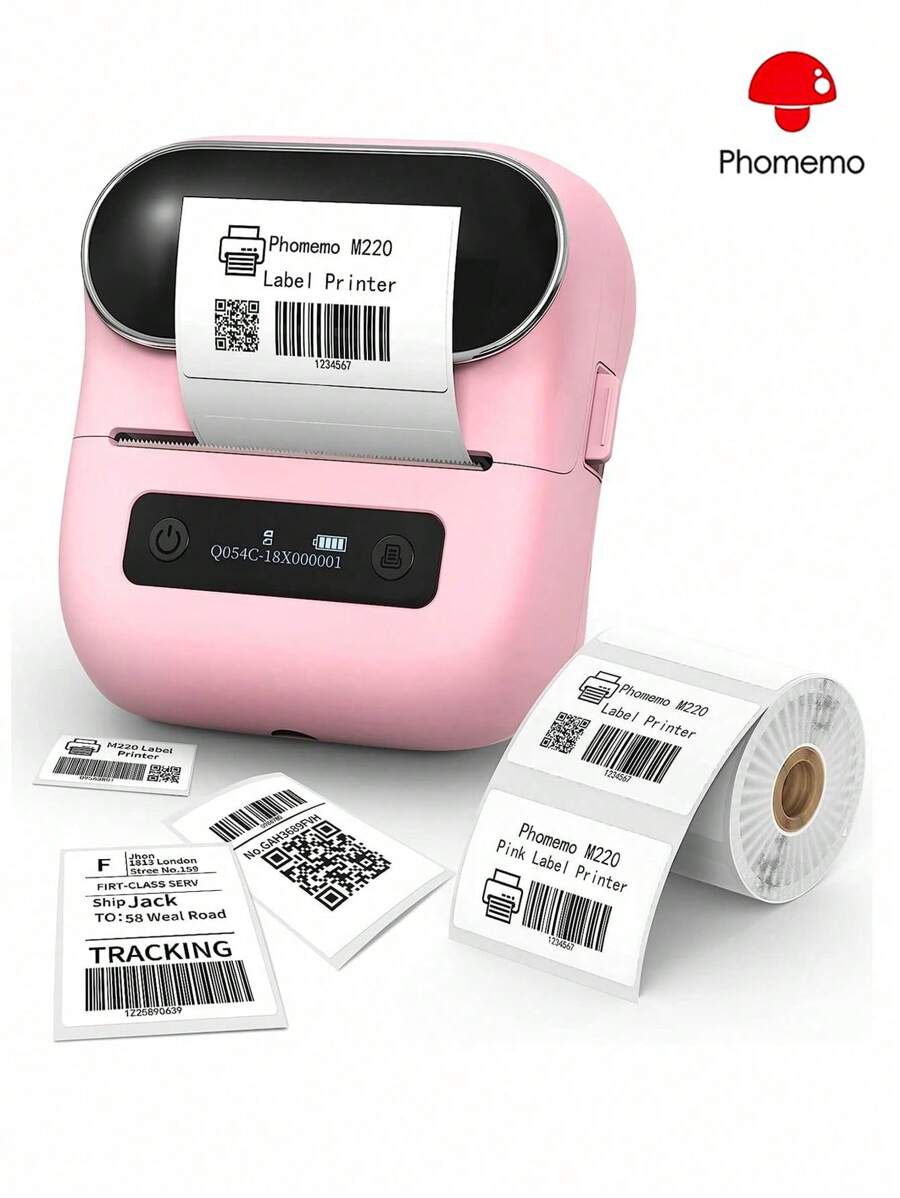 Phomemo M220 藍牙標籤機- 無線熱敏標籤機，適用於地址、標籤、郵寄、檔案夾標籤、文具整理，易於使用，便攜式貼紙標籤印表機附1捲標籤 - 粉色 - 查看 1