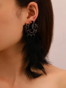 NAIZHU 1 Pair Stylish Luxury Sexy Exaggerated Feather & Rhinestone Earrings, Fashion Party Accessories, Random Feather Design