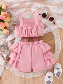 Conjunto de bebé con top corto sin mangas decorado con lazo y shorts rosas - Rosa - Ver 3