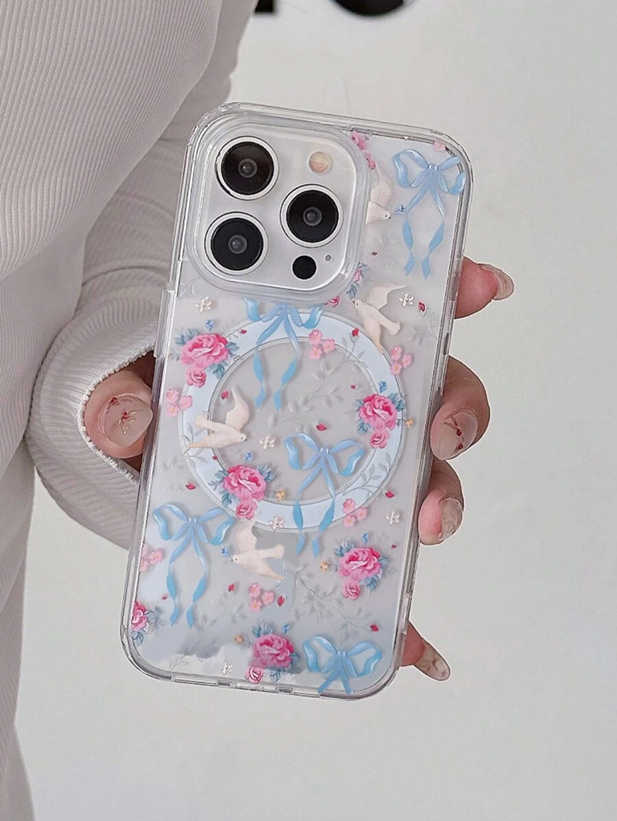 1个可爱红色樱桃磁吸充电软壳，兼容 17 Pro Max 16 15 14 13 12 11 Pro Max，时尚花卉透明防震保护套