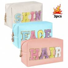Preppy Makeup Bag For Women Travel Toiletry Bag Chenille Letter Cosmetic Bag PU Leather Waterproof Pouch Cute Zipper Organizer, Skin, Hair And Face - Multicolor - View 3