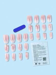 Juego de 24 Uds de decoración de uñas con diamantes de imitación de color rosa degradado en forma de ataúd, diseño de presión larga adecuado para fiestas o uso diario para agregar Adorno - Rosa - Ver 2