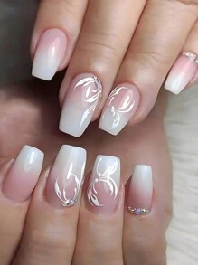 Juego de 24 Uds de decoración de uñas con diamantes de imitación de color rosa degradado en forma de ataúd, diseño de presión larga adecuado para fiestas o uso diario para agregar Adorno - Rosa - Ver 1