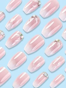 Juego de 24 Uds de decoración de uñas con diamantes de imitación de color rosa degradado en forma de ataúd, diseño de presión larga adecuado para fiestas o uso diario para agregar Adorno - Rosa - Ver 3