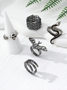 Conjunto de 5 anillos ajustables Cyber Gótico con diseño de murciélago, cráneo, serpiente para mujeres, ideal para disfraz de Halloween y estilo personalizado - Negro - Ver 5