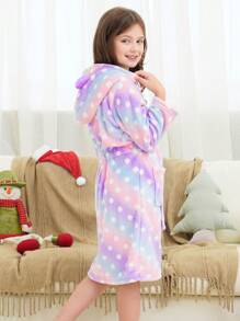 Bata de baño con capucha de manga larga con estampado de puntos en forma de estrella morada y orejas de gato linda para niñas preadolescentes