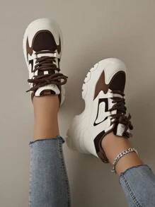 2024 New Spring & Summer Women's Chunky Sneakers, Brown Mesh Breathable Height Increasing Chunky Sneakers With Patchwork Design - Multicolor - View 3