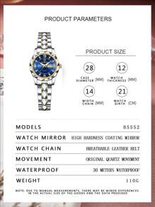 BINBOND奢华金色石英表女士时尚女表防水夜光不锈钢商务休闲双日历女表 - 藍色 - 查看 5