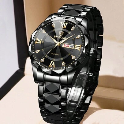  BINBOND奢侈品牌时尚男士金表不锈钢石英表男士商务日期星期显示水钻手表男士夜灯钟