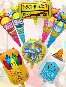 Conjunto de decoración de globos de nueva temporada escolar de 6/8 piezas en forma de autobús escolar y helado con caricaturas para la temporada de regreso a la escuela. Globos redondos de 18 pulgadas para diseño de escenas. - Multicolor - Ver 6
