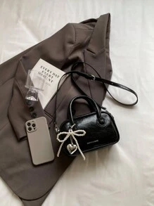 Nuevo bolso de boliche negro sólido para mujer con decoración de cadena de perlas y diseño de letra impresa en estilo minimalista - Negro - Ver 6