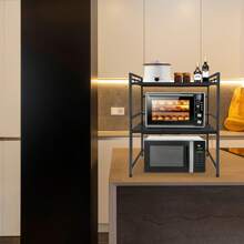 LILIIN 3 Tier Microwave Shelf Expandable Microwave Stand With 8 Hooks Metal Microwave Holder Kitchen Shelf For Kitchen - Black - View 2