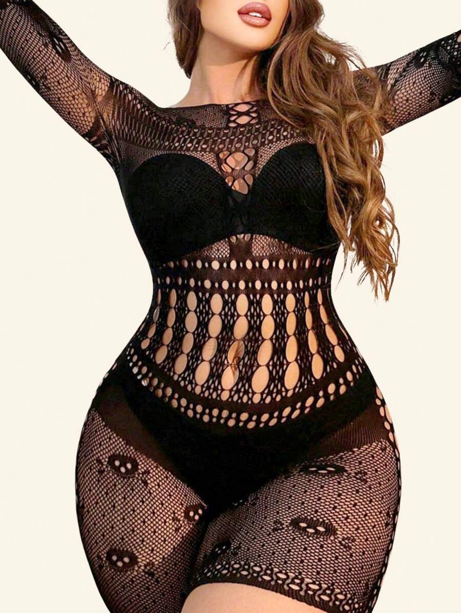 1件女士黑色連身衣，性感女士內衣，黑色魚網連身衣，透明網眼連身衣，性感彈力連身衣，女士長袖睡衣內衣，黑色褲襪，黑色緊身褲，適用於任何季節 - 黑色 - 查看 1