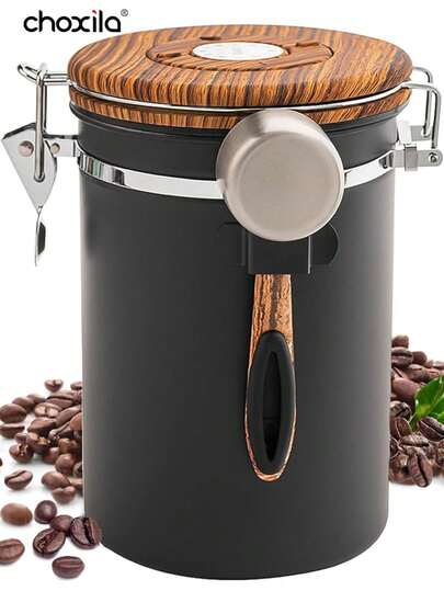 choxila 1 pieza Recipiente de café de 1.2L/1.5L/1.8L, contenedor hermético para almacenar granos de café, recipiente de acero inoxidable para almacenamiento de alimentos en la cocina con indicador de fecha y cuchara, accesorios de café para café molido, granos, té, azúcar, harina, cereales, útiles escolares para volver a la escuela